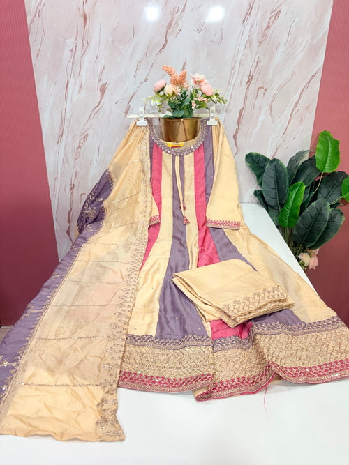 Beige A-Line Anarkali Suit Set with Embroidered Dupatta