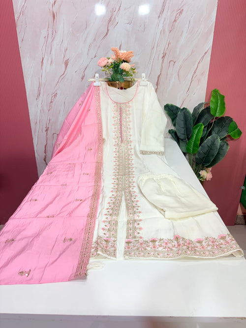 Ivory Roman Silk A-Line Anarkali Suit Set with Embroidered Contrast Dupatta