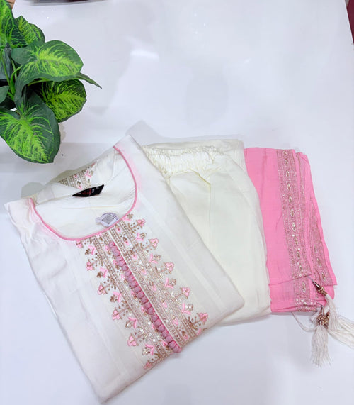 Ivory Roman Silk A-Line Anarkali Suit Set with Embroidered Contrast Dupatta