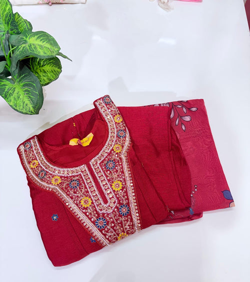 Brick Red Vichitra Silk Straight Cut Suit Set with Floral Organza Dupatta