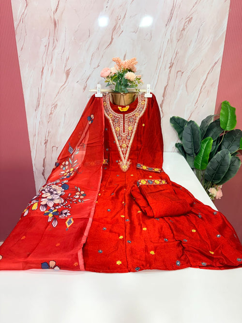 Brick Red Vichitra Silk Straight Cut Suit Set with Floral Organza Dupatta