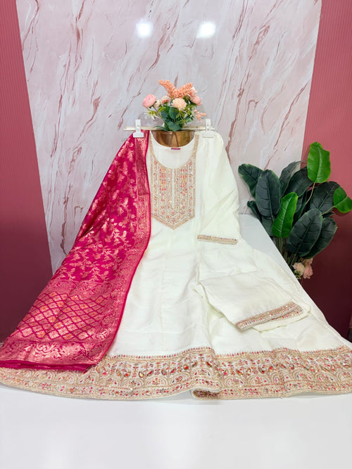 Ivory Vichitra Silk A-Line Suit Set with Banarasi Weave Dupatta