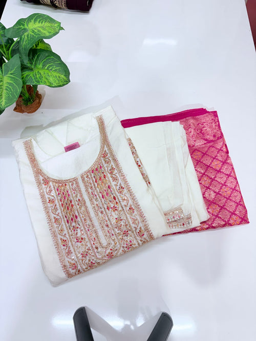 Ivory Vichitra Silk A-Line Suit Set with Banarasi Weave Dupatta