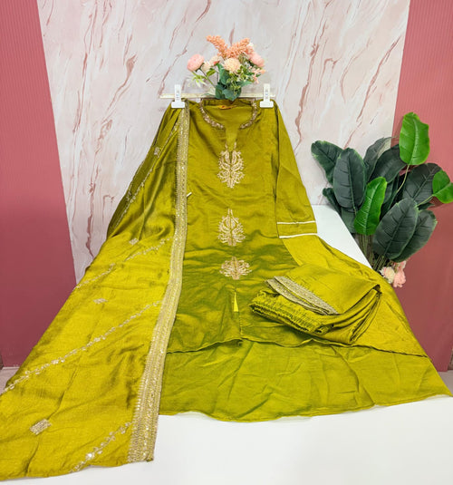 Olive Green Vichitra Silk Straight Cut Suit Set with Embroidered Dupatta