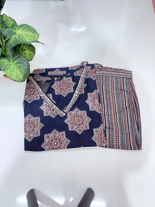 Plus Size Cotton Straight Cut Co-ord Set | V-Neck Kurti & Straight Pant
