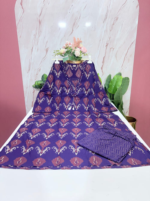 Plus Size Cotton Straight Cut Co-ord Set | V-Neck Lace Work Kurti & Straight Pant | Purple