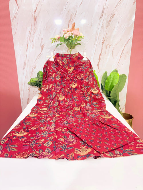 Plus Size Cotton A-Line Co-ord Set | Floral Print Top & Straight Pant | Red