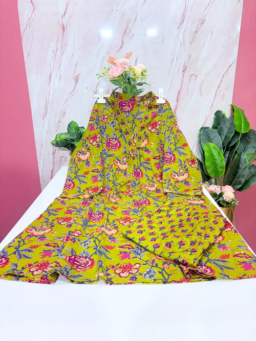Plus Size Cotton A-Line Co-ord Set | Floral Print Top & Straight Pant | Lime Green