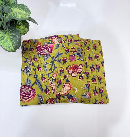 Plus Size Cotton A-Line Co-ord Set | Floral Print Top & Straight Pant | Lime Green