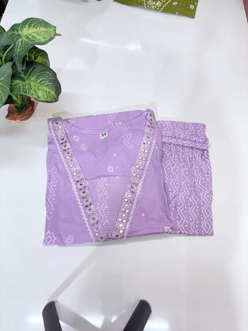 Plus Size Rayon Straight Cut Co-ord Set | V-Neck Lace Work Kurti & Straight Pant | Lavender
