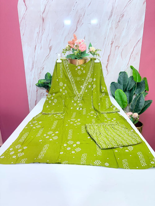 Plus Size Rayon Straight Cut Co-ord Set | V-Neck Lace Work Kurti & Straight Pant | Olive Green