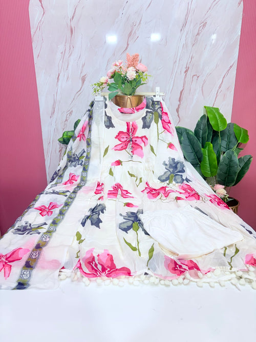 Plus Size Mul Cotton 3-Piece Umbrella Kurta Set | Floral Print with Dupatta & Pant