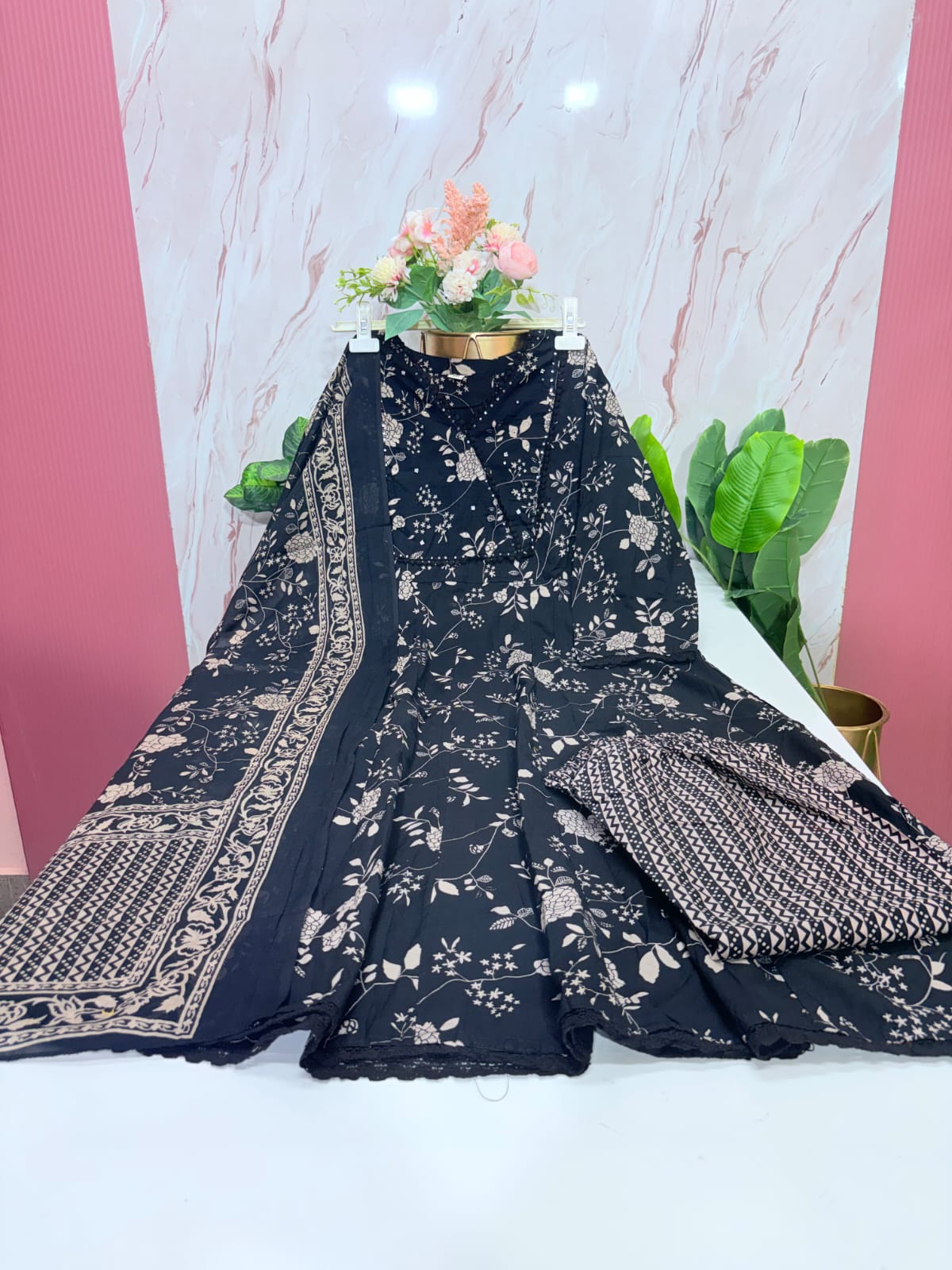 Plus Size Cotton Umbrella Kurta Set | 3-Piece Floral Printed Kurti with Dupatta & Straight Pant | Black