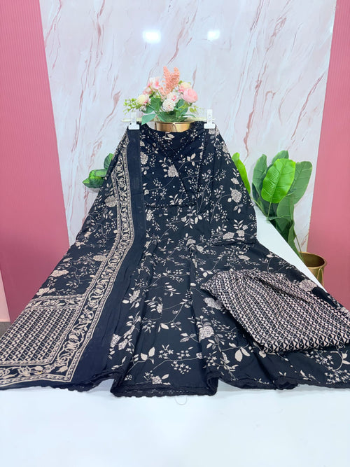 Plus Size Cotton Umbrella Kurta Set | 3-Piece Floral Printed Kurti with Dupatta & Straight Pant | Black