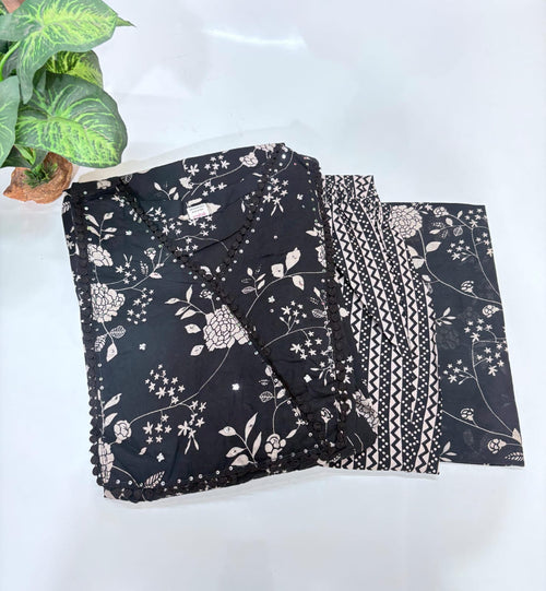 Plus Size Cotton Umbrella Kurta Set | 3-Piece Floral Printed Kurti with Dupatta & Straight Pant | Black