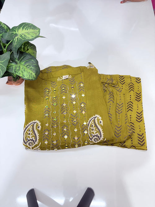 Plus Size Rayon Umbrella Kurta Set | 3-Piece Printed Kurti with Cotton Dupatta & Palazzo Pants | Mustard Green