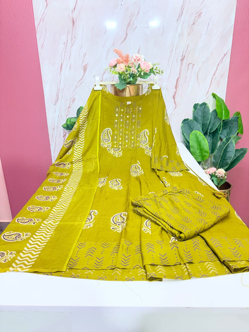 Plus Size Rayon Umbrella Kurta Set | 3-Piece Printed Kurti with Cotton Dupatta & Palazzo Pants | Mustard Green