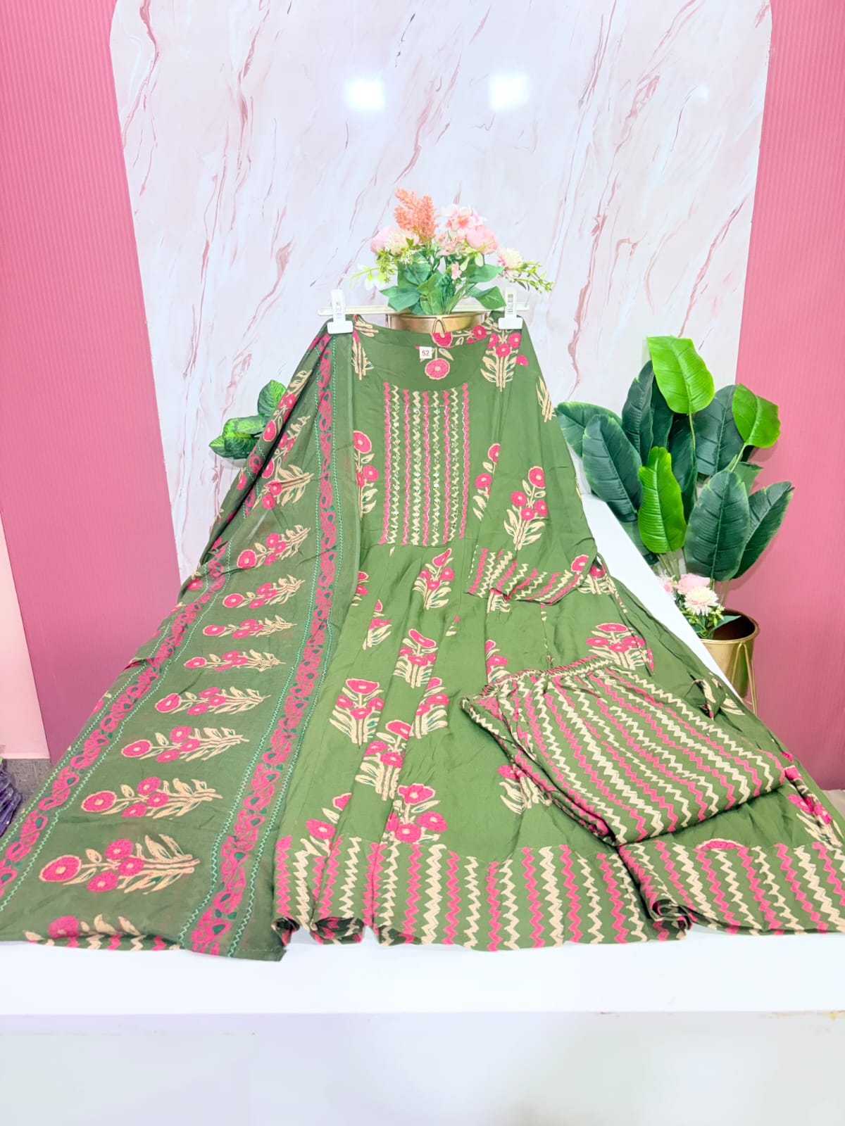Plus Size Rayon Umbrella Kurta Set | 3-Piece Printed Kurti with Cotton Dupatta & Palazzo Pants | Olive Green
