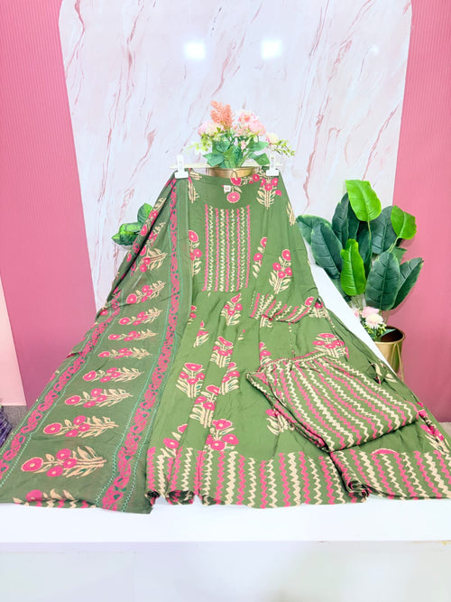Plus Size Rayon Umbrella Kurta Set | 3-Piece Printed Kurti with Cotton Dupatta & Palazzo Pants | Olive Green