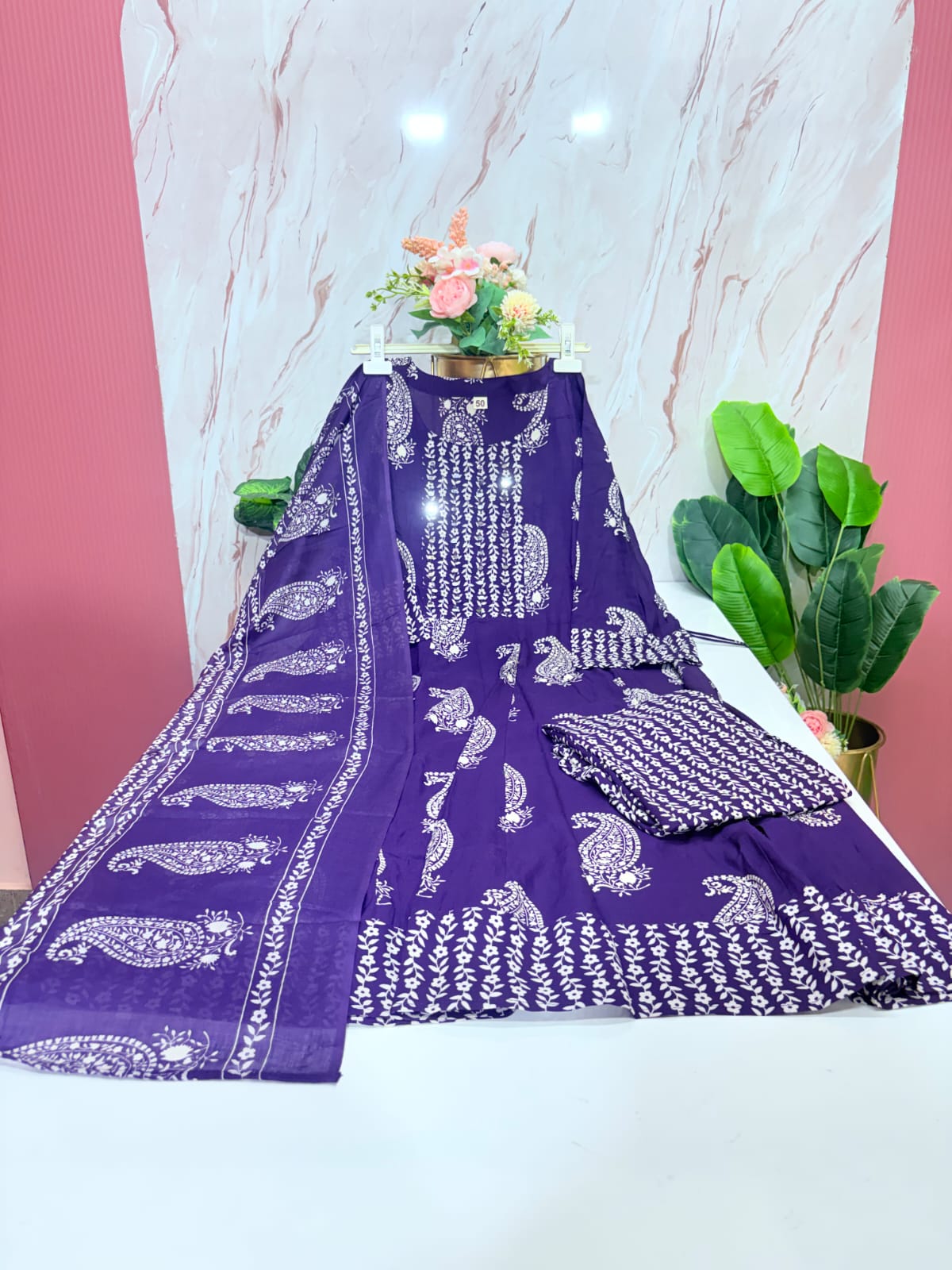 Plus Size Rayon Umbrella Kurta Set | 3-Piece Printed Kurti with Cotton Dupatta & Palazzo Pants | Purple