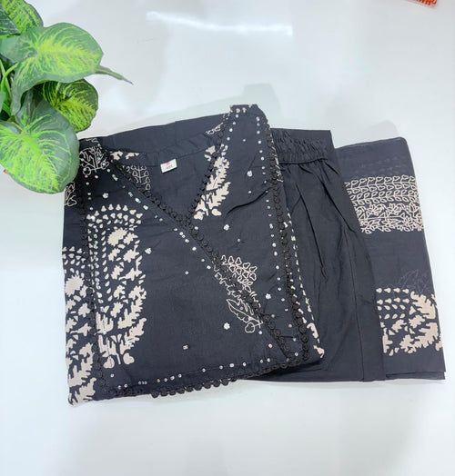 Plus Size Cotton Umbrella Kurta Set | 3-Piece Printed Kurti with Dupatta & Palazzo Pants | Black