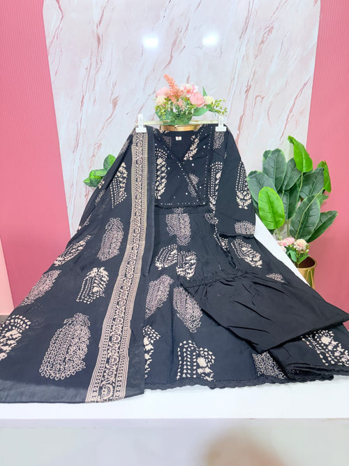 Plus Size Cotton Umbrella Kurta Set | 3-Piece Printed Kurti with Dupatta & Palazzo Pants | Black