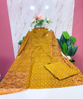 Plus Size Cotton A-Line Kurta Set | 3-Piece Printed Kurti with Dupatta & Straight Pant | Mustard Yellow
