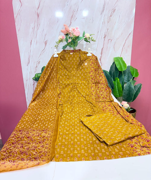 Plus Size Cotton A-Line Kurta Set | 3-Piece Printed Kurti with Dupatta & Straight Pant | Mustard Yellow