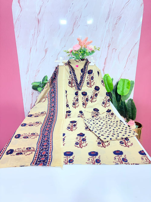 Plus Size Straight Cut Cotton 3 Piece Kurti Set