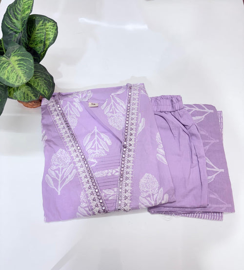 Plus Size 60s Cotton Straight Cut Kurti Set with Cotton Dupatta – Lavender