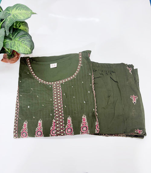 Plus Size 60s Cotton Woven Straight Cut Kurti Set with Cotton Dupatta – Olive Green