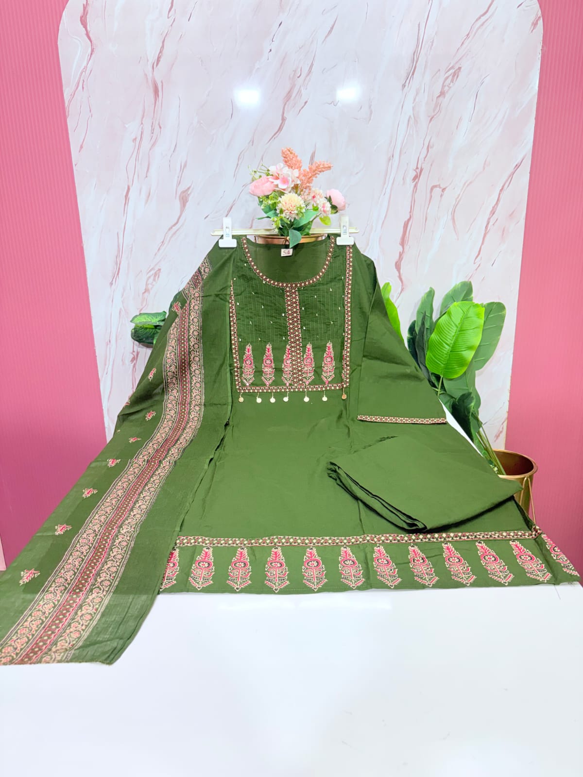 Plus Size 60s Cotton Woven Straight Cut Kurti Set with Cotton Dupatta – Olive Green