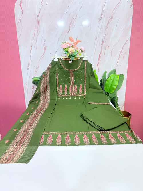 Plus Size 60s Cotton Woven Straight Cut Kurti Set with Cotton Dupatta – Olive Green