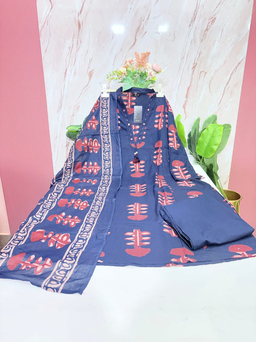 Plus Size Cotton A-Line Kurti Set with Cotton Dupatta – Navy Blue