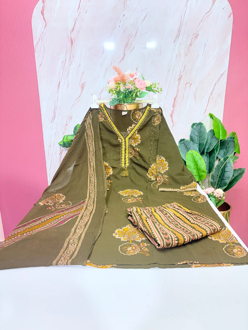 Plus Size 60s Cotton Straight Cut Kurti Set with Cotton Dupatta – Olive Green