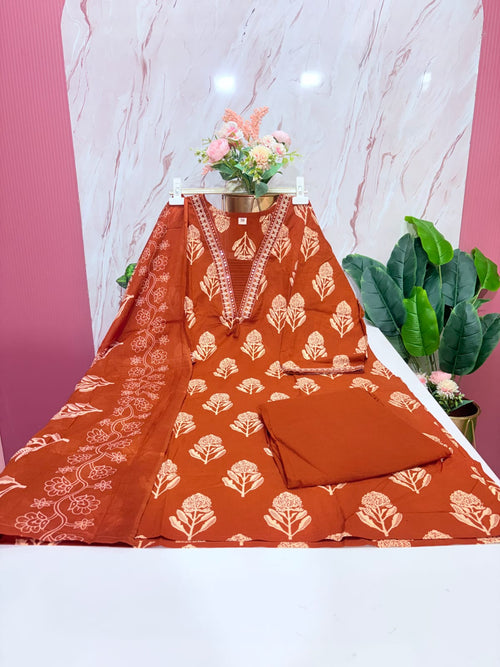 Plus Size 60s Cotton Straight Cut Kurti Set with Cotton Dupatta – Rust Orange