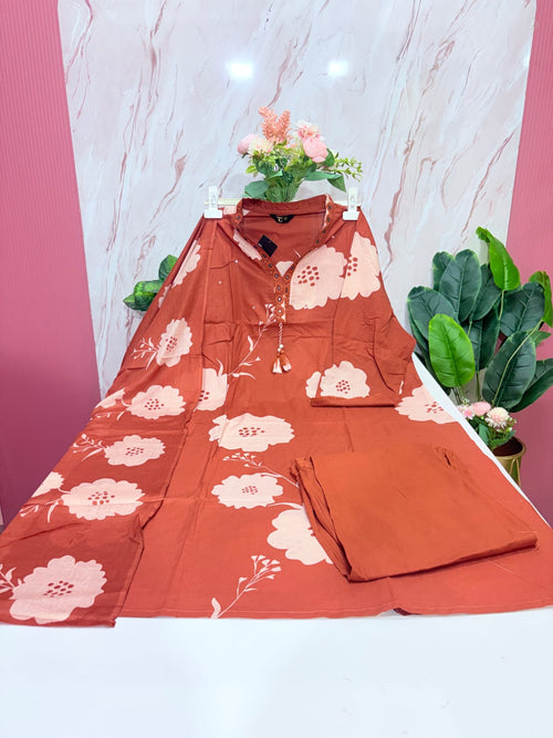 Plus Size Cotton Straight Cut Kurti Set with Cotton Dupatta – Rust Brown Floral