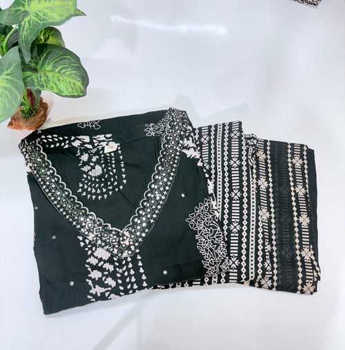 Plus Size Rayon Straight Cut Kurti Set with Cotton Dupatta – Dark Green