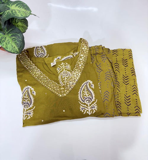 Plus Size Rayon Straight Cut Kurti Set with Cotton Dupatta – Mustard Yellow