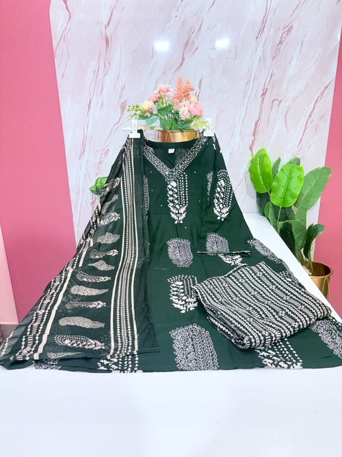 Plus Size Rayon Straight Cut Kurti Set with Cotton Dupatta – Dark Green