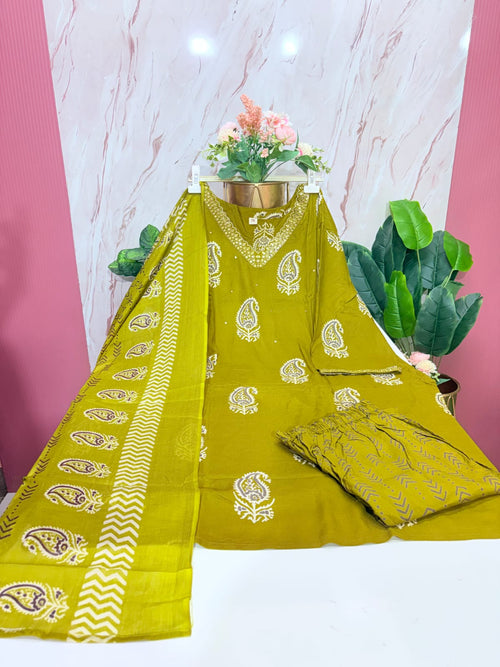 Plus Size Rayon Straight Cut Kurti Set with Cotton Dupatta – Mustard Yellow