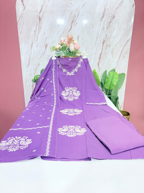 Plus Size 60s Cotton Straight Cut Kurti Set with Cotton Dupatta – Lilac Purple