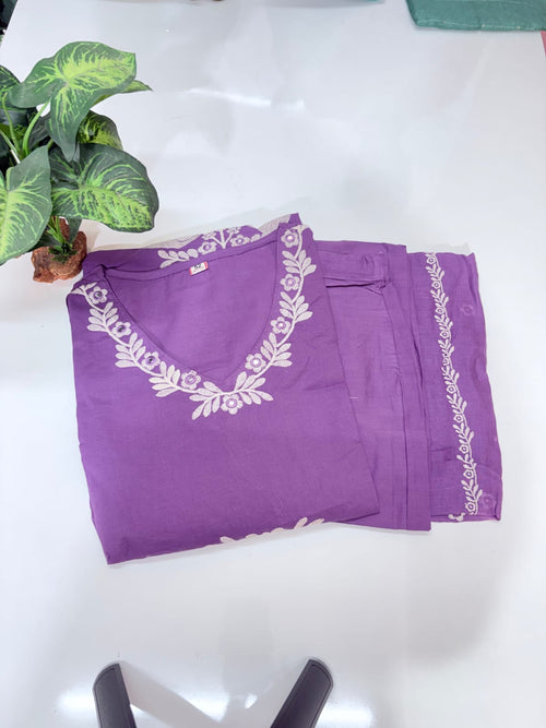 Plus Size 60s Cotton Straight Cut Kurti Set with Cotton Dupatta – Lilac Purple