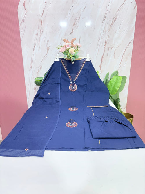 Plus Size A-Line Kurti Set with Semi Flared Pants & Cotton Dupatta – Navy Blue