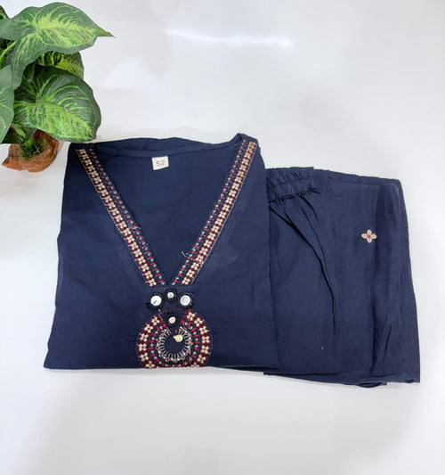 Plus Size A-Line Kurti Set with Semi Flared Pants & Cotton Dupatta – Navy Blue