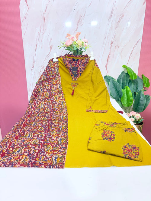 Plus Size Kalamkari Print Straight Cut Kurti Set with Kalamkari Dupatta – Mustard Yellow