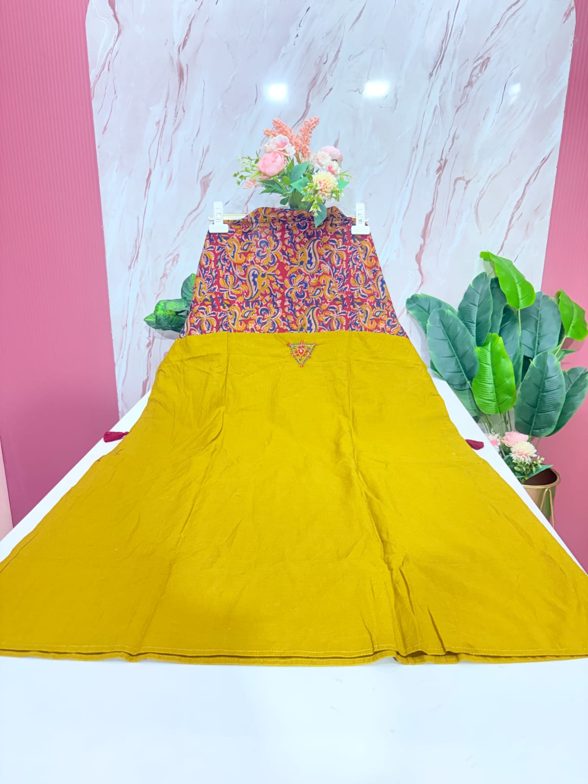 Plus Size Kalamkari Print Straight Cut Kurti Set with Kalamkari Dupatta – Mustard Yellow