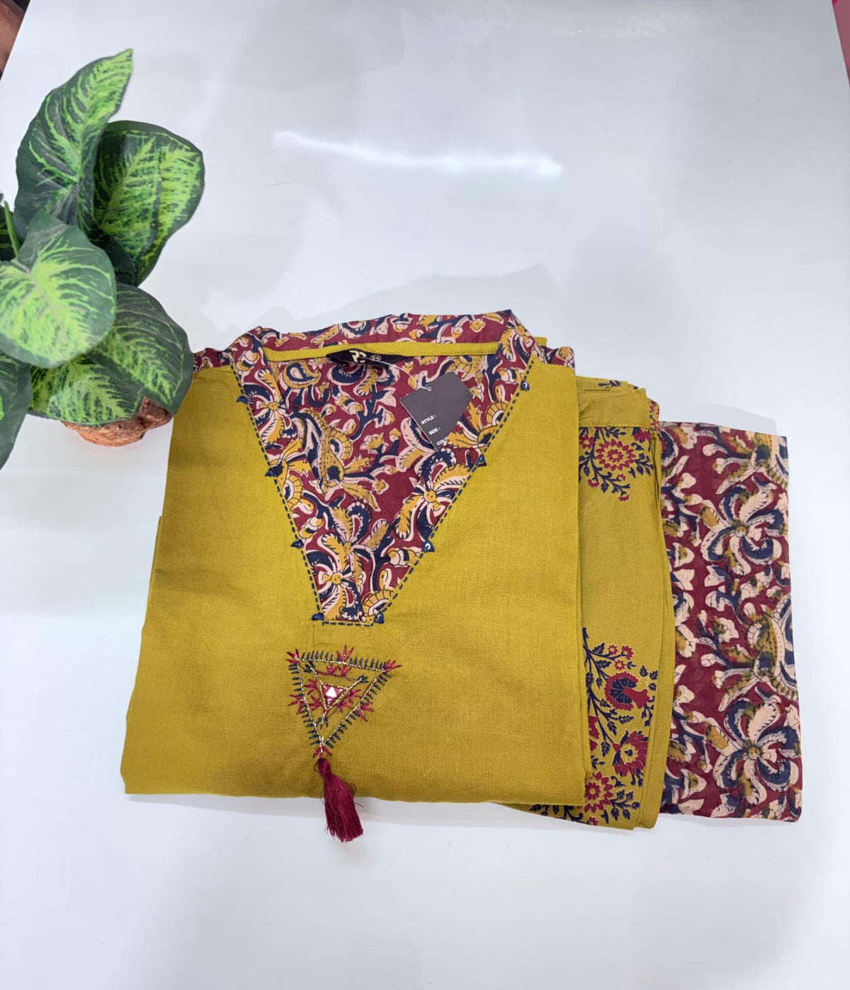 Plus Size Kalamkari Print Straight Cut Kurti Set with Kalamkari Dupatta – Mustard Yellow