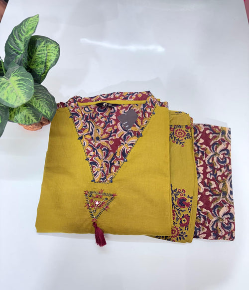 Plus Size Kalamkari Print Straight Cut Kurti Set with Kalamkari Dupatta – Mustard Yellow