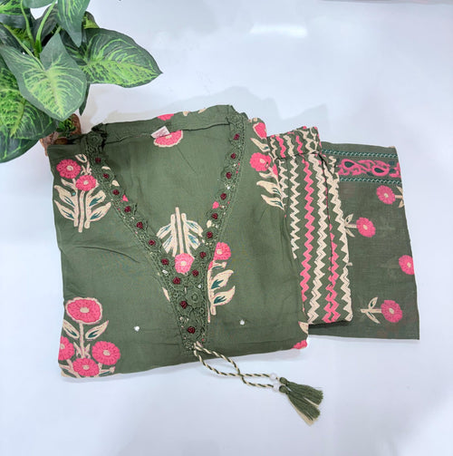 Plus Size Rayon Straight Cut Kurti Set with Cotton Dupatta – Olive Green